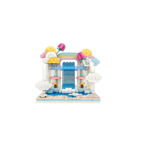 Colorful block toy wave pool cafe set with Cinnamoroll theme, umbrellas and fruit decor