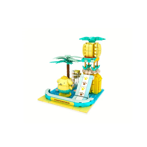 Pompompurin building block toy set with water slide, palm tree, and summer theme