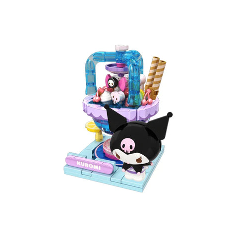 Kuromi collectible toy figure with pastel dessert-themed building blocks and wafer sticks