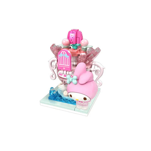 My Melody themed collectible block toy in pink tea party setting with decorative details