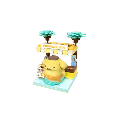 Pompompurin block toy figure at a summer-themed mini shop with palm trees.
