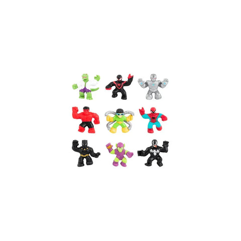 Assorted Marvel Goo Jit Zu mini heroes figurines, colorful stretchable toys.