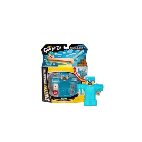 Minecraft Heroes of Goo Jit Zu Steve stretch figure in blue armor, packaged toy collectible
