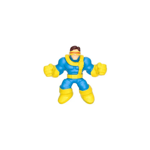 Cyclops action figure in blue and yellow suit with visor, collectible toy on white background
