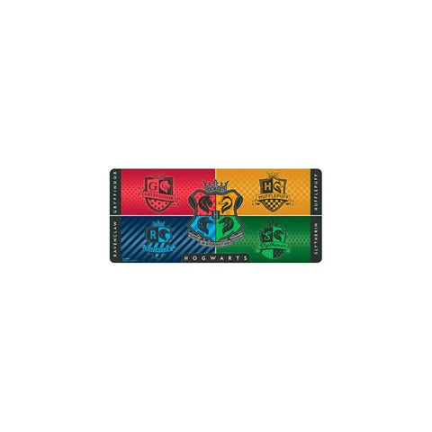 Hogwarts gaming mat with Gryffindor, Hufflepuff, Ravenclaw, and Slytherin house shields