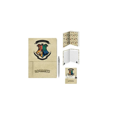 Hogwarts crest premium notebook with pen, lined pages and house symbols on cover and interior.