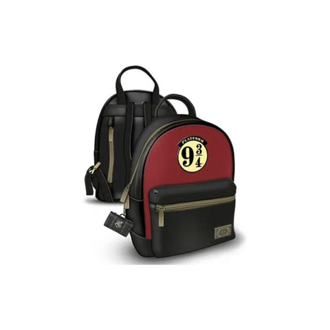 Red and black fashion backpack featuring Platform 9 3/4 emblem and front zip pocket.