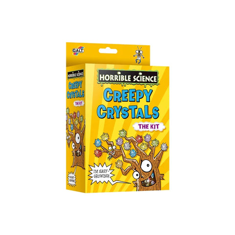 Horrible Science Creepy Crystals kit box with cartoon tree and colorful crystals, yellow background