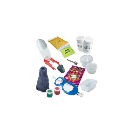 Children's science experiment kit with volcano, goggles, powders, cups, and booklet