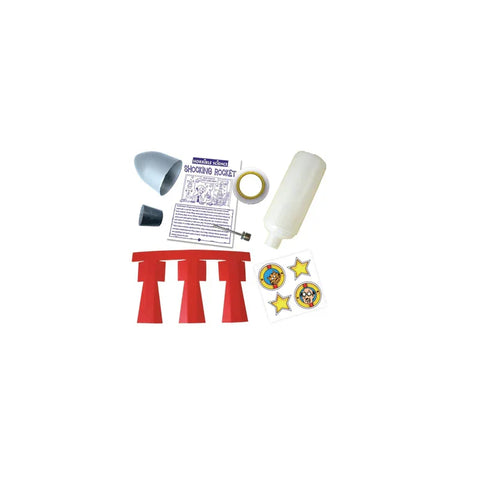Science rocket kit with plastic parts, stickers, fins, instructions and a bottle