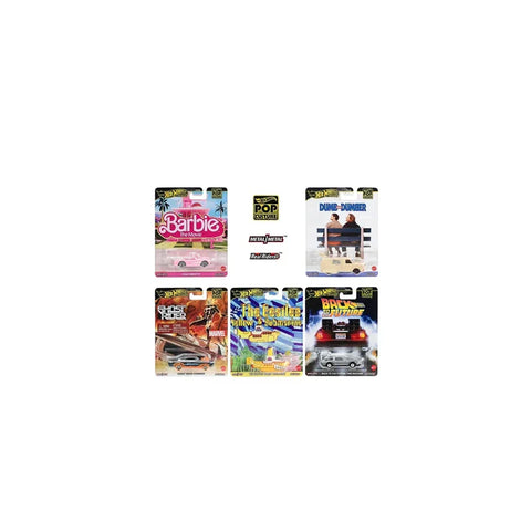 Assorted Hot Wheels Premium Pop Culture collectible toy cars in themed packaging