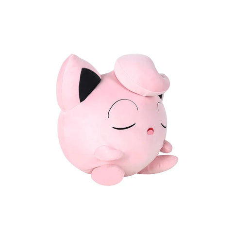 Pink Jigglypuff plush toy with closed eyes, soft collectible toy on white background