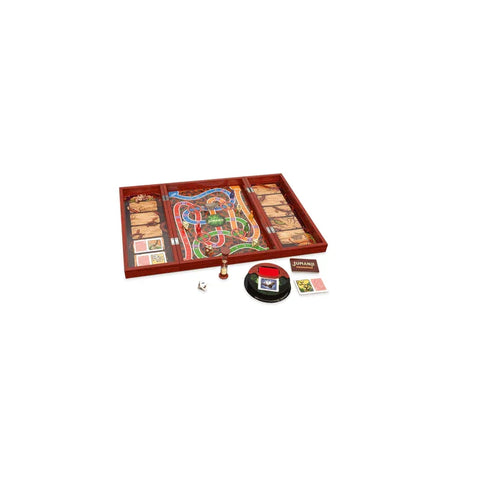 Wooden Jumanji board game set with cards, dice, timer and tokens on white background
