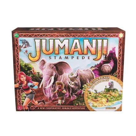 Jumanji Stampede board game box featuring jungle animals and adventurers