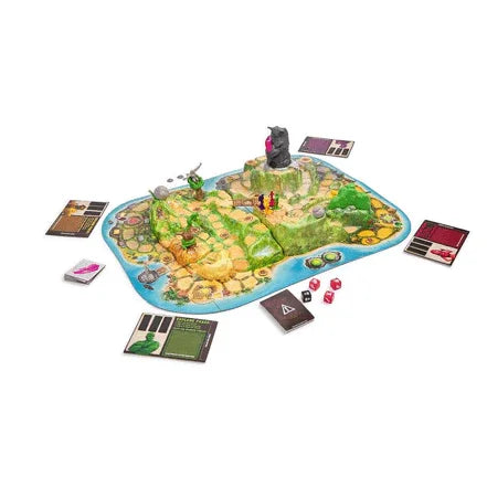 Jumanji Stampede board game set with cards, dice, and detailed 3D jungle board