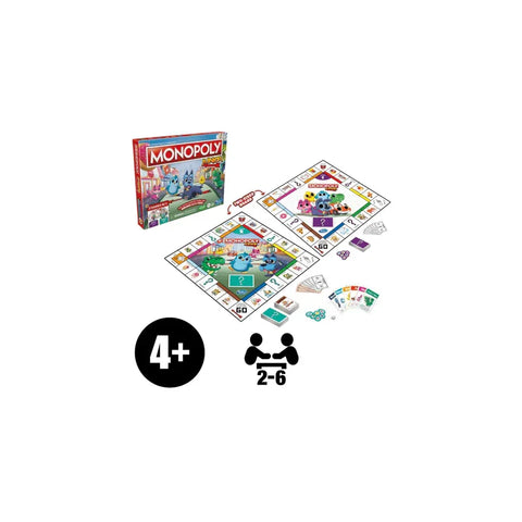 Junior Monopoly board game set with box, game boards, cards, tokens, for ages 4 and up