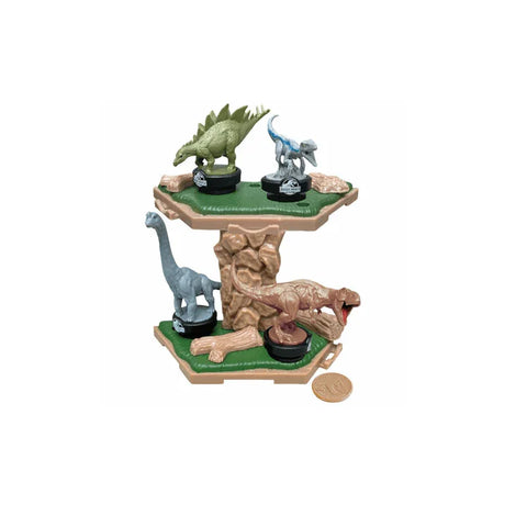 Dinosaur balancing game with plastic figurines on stacked platforms, collectible toy set