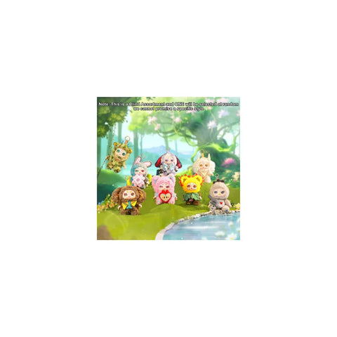 Cute animal-themed collectible plush toys displayed outdoors by a pond in a fantasy forest.