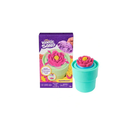 Kinetic sand SquishBlossom playset with flower-shaped sand in teal pot and packaging.