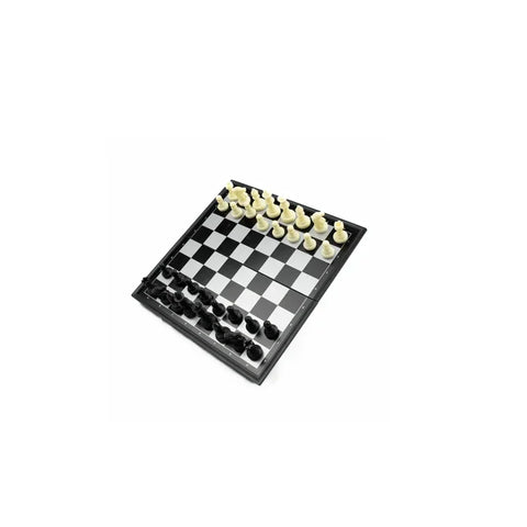 Plastic magnetic travel chess set on a foldable 20cm board, pieces arranged for play