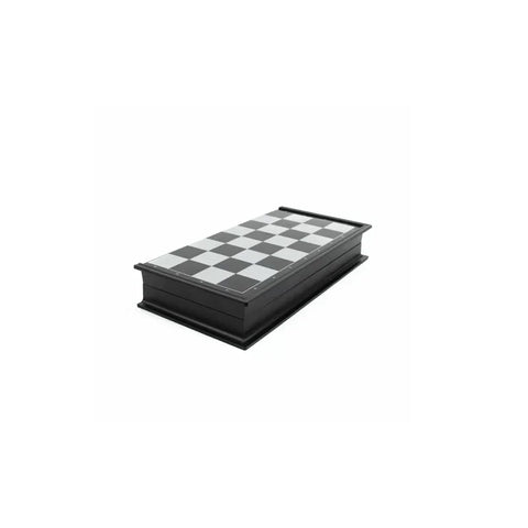 Foldable plastic magnetic travel chess set with closed board, compact and portable.