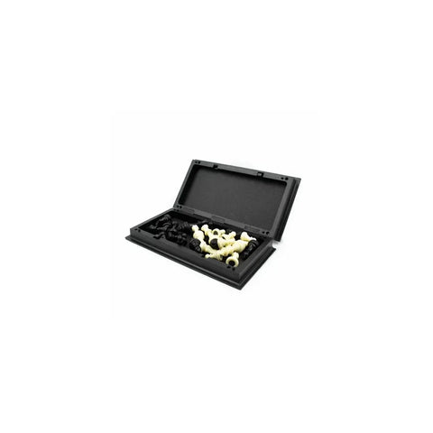 Foldable plastic magnetic travel chess set with black and white pieces in open case