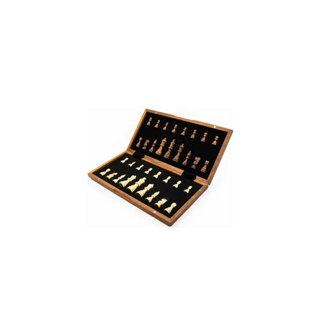 Wooden magnetic chess set with classic chess pieces in an open storage case