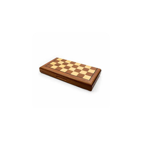 Folded wooden magnetic chess set with checkered board, 38cm travel size.