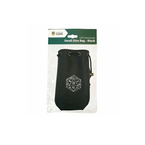 Small black dice bag with drawstring and white D20 design, ideal for tabletop gaming accessories