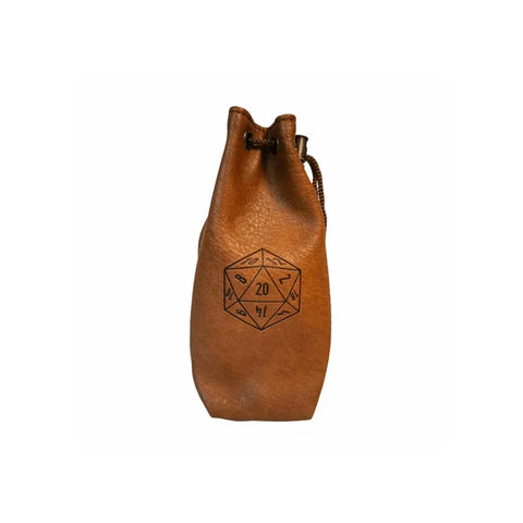Small brown leather dice bag with drawstring and D20 dice design, tabletop gaming accessory