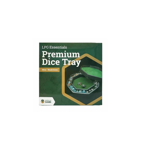 Premium octagonal dice tray in black and green with dice, ideal for tabletop gaming.
