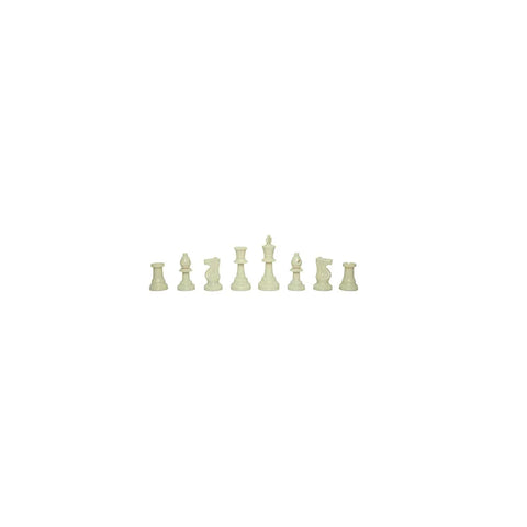 Classic brown chess set pieces arranged in a row on a white background