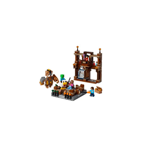 Lego Minecraft set with minifigures, blocky structures, and Minecraft accessories