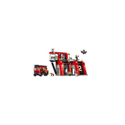 LEGO City fire station building set with fire engine, figures, and accessories