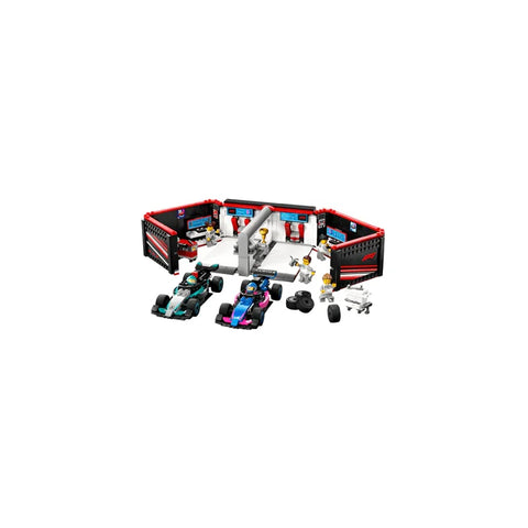 Lego City F1 garage playset with two race cars, mini figures, and pit stop accessories
