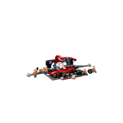 Lego City F1 pit stop set with red race car, crew minifigures, and tools