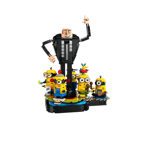 Lego brick-built Gru and Minions toy set featuring detailed characters on display base