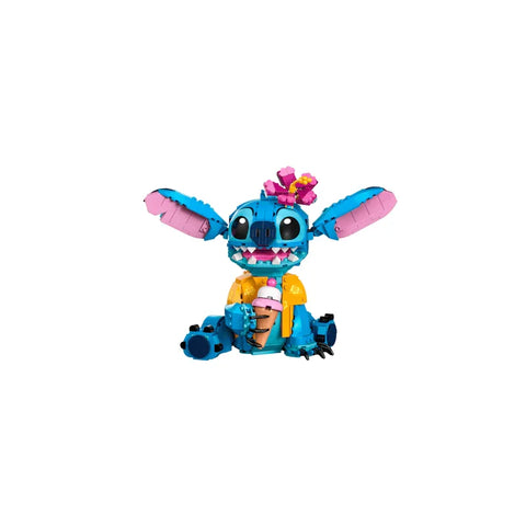 Colorful LEGO Stitch figure with big ears, ice cream, flowers, and shirt on a white background