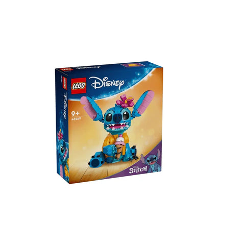 LEGO Disney Stitch building set box featuring colorful Stitch figure for ages 9 and up.