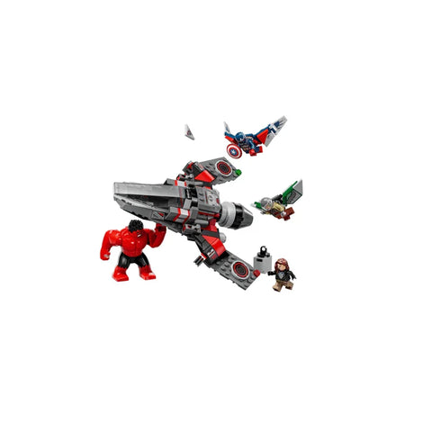 Lego Marvel playset with Captain America, Red Hulk, jet, and minifigures in battle scene