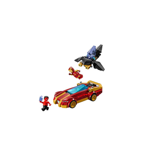 Lego Marvel toy set featuring Iron Man car, jet, and superhero minifigures