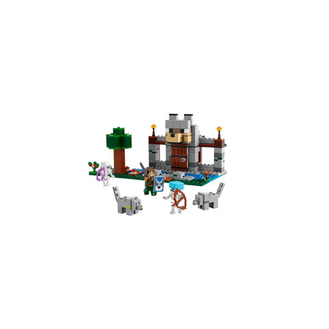 Lego Minecraft Wolf Stronghold playset with characters, wolves, and tree on a baseplate.