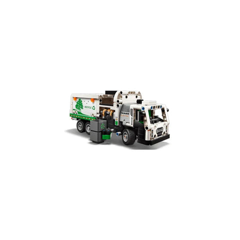 Lego Technic electric garbage truck toy with recycling bin, white and green design