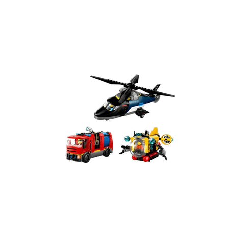 LEGO toy set with black helicopter, red fire truck, and yellow submarine for kids