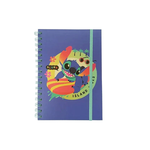 Spiral notebook with colorful cartoon alien surfing, flowers, and 'Aloha Island Vibes' text on cover