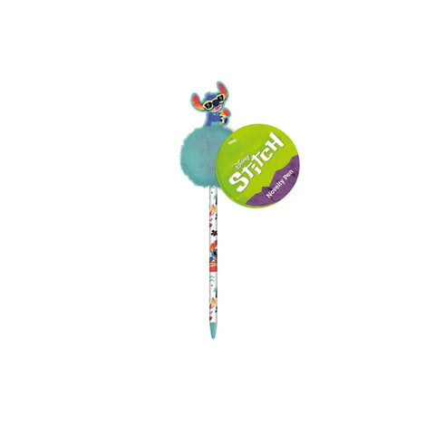 Stitch novelty pom pom pen with blue fluffy pom and cartoon design, collectible stationery