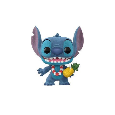 Flocked Stitch Luau Funko Pop figure holding a pineapple, wearing a red and white lei