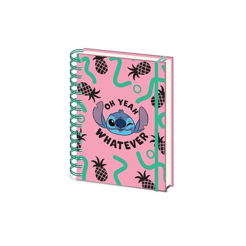 Pink spiral notebook with blue cartoon character, pineapples, and 'Oh Yeah Whatever' text