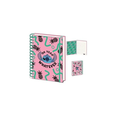 Pink spiral notebook with pineapple and cartoon blue character, text 'Oh Yeah Whatever' on cover
