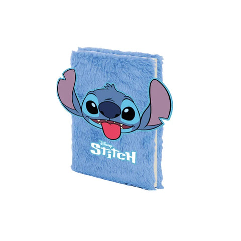 Blue Stitch plush notebook with character face and Disney Stitch logo on fuzzy cover